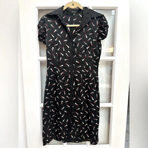 Vintage Bebe Y2K Black Silk Lipstick Printed Button Front Shirt Dress Size Small